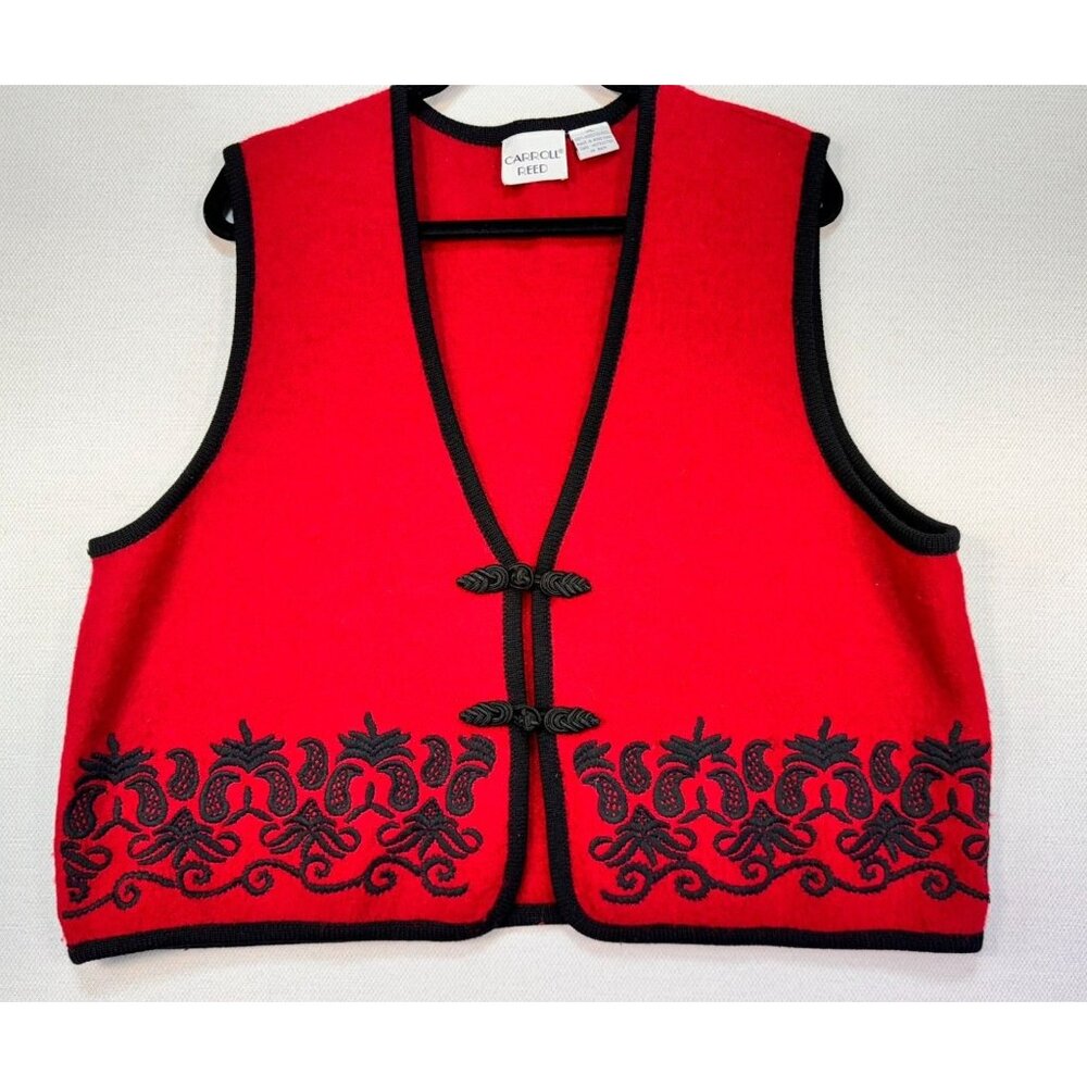 Carroll Reed Womens Wool Vest XL Red & Black Embroidered Design